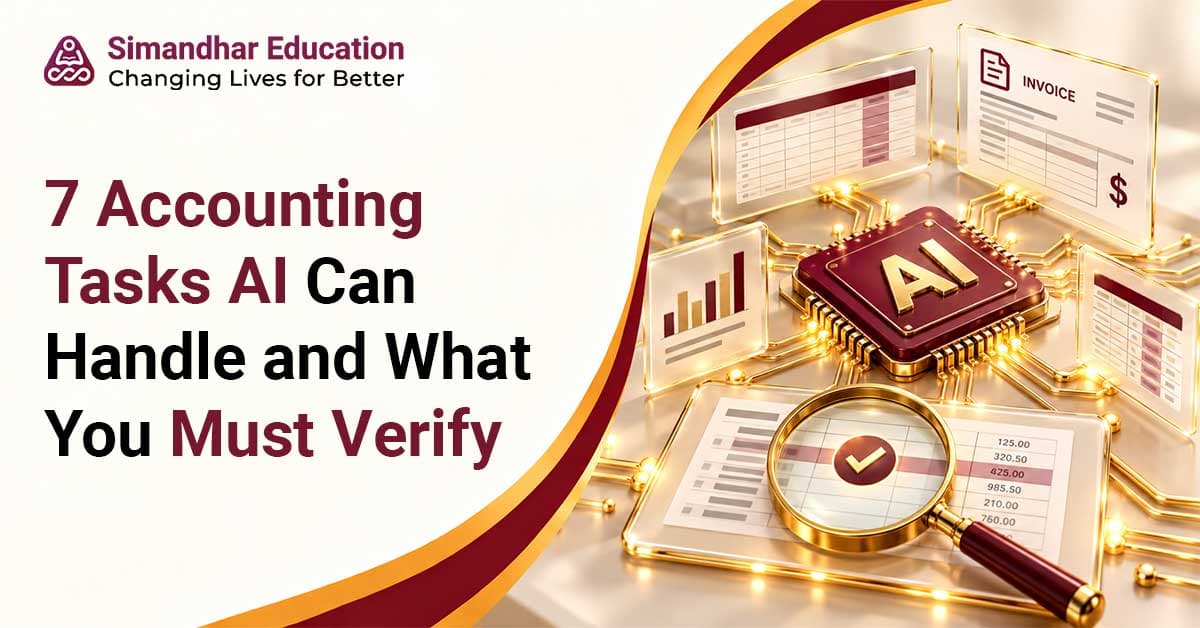 Finance professional exploring seven AI applications in accounting, including invoice processing, bank reconciliation, financial reporting, cash flow forecasting, error detection, and human verification of AI-generated results.